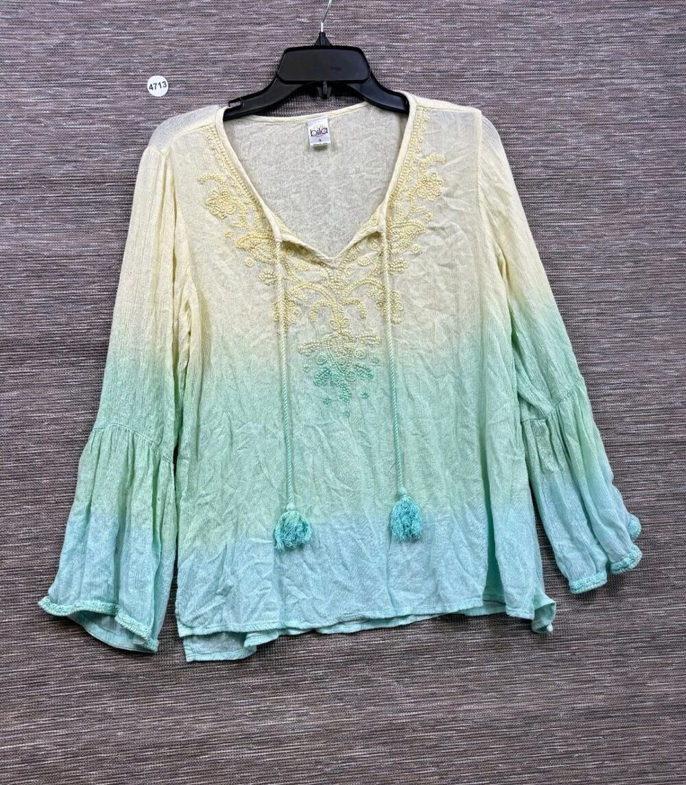 Bila Turquoise Boho Peasant Blouse Bell Sleeves Crochet Trim Size Small Tassel